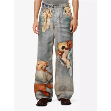 (48/M) Jeans Unisexe Baggy Hip-Hop Graffiti Ours en Peluche Vintage Distressed Style Rétro Casual Streetwear Jambes Larges Droites en Denim