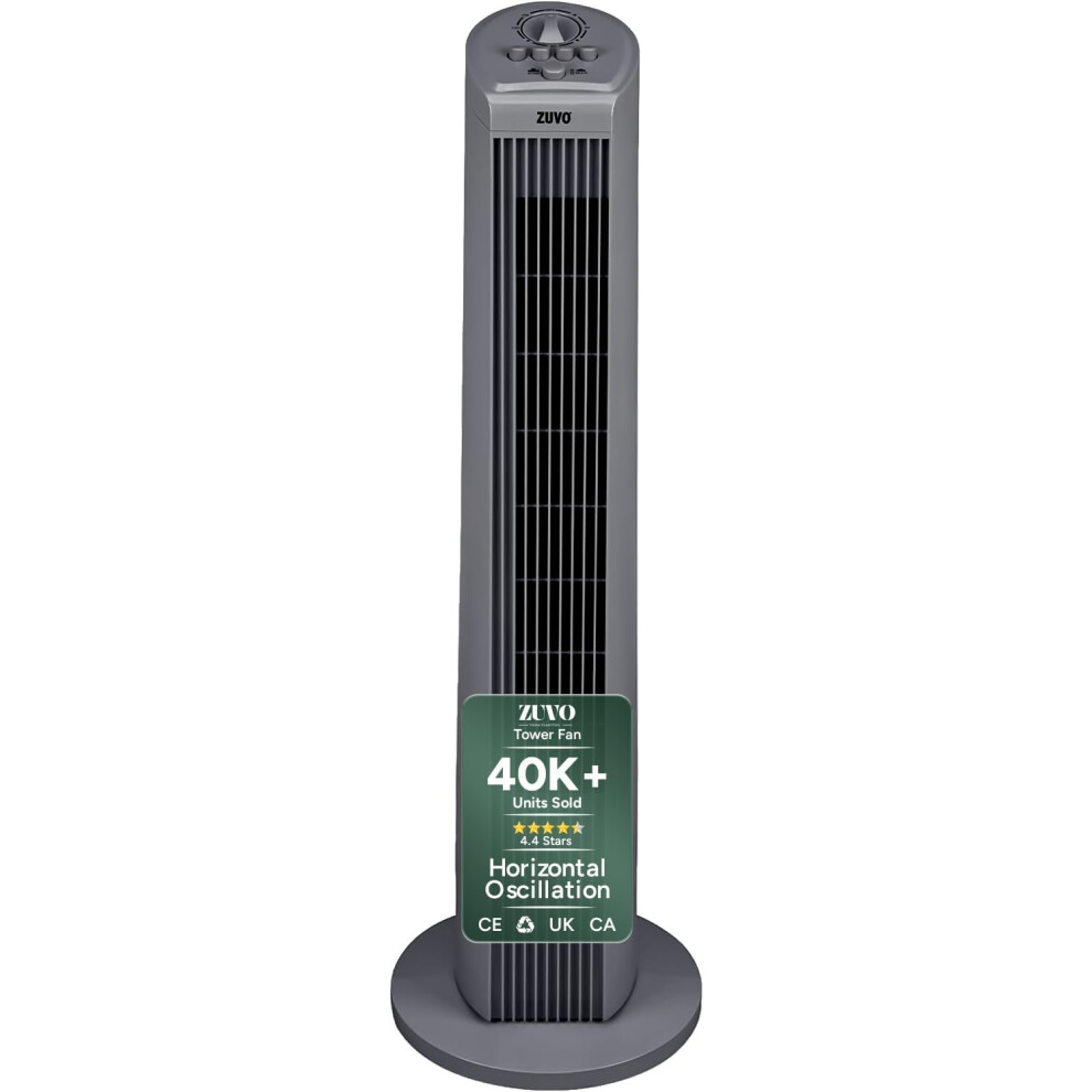 (Gray) Zuvo 30" Tower Fan For Bedroom | Quiet Bladeless Oscillating Standing Fan, 3 Speeds, 90 Wide Oscillation, 2-Hour Timer 743119617195