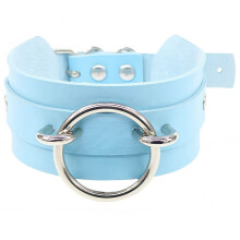 Adjustable PU Leather O Rings Neck Collar Comfortable-Sky Blue