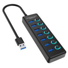 7-Port USB 3.0 Hub with Individual Switches and LED Indicators, High-Speed Multi-Port Adapter Extender for PC and Laptop