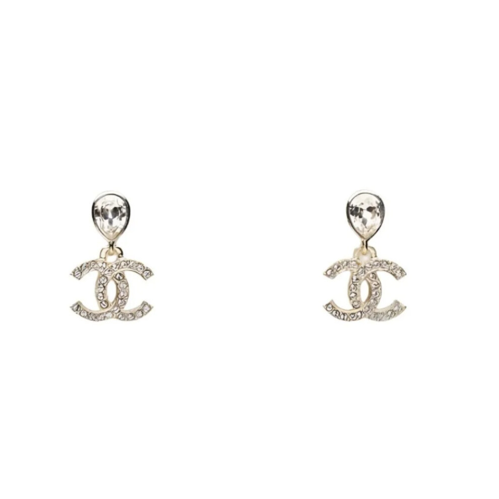 Classic Rhinestone Double-C Pendant Earrings, Sparkly Crystal Teardrop Dangle Earrings Gift For Her Gold 9148293726243