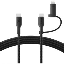 2-i-1 laddningskabel med flätad design, snabb laddning USB-C till USB-C och Lightning, svart, för mobiltelefoner och sur