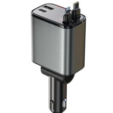 120W nabíječka do auta pro mobilní telefon s rychlým nabíjením, zatahovacím kabelem a porty pro Apple a USB-C