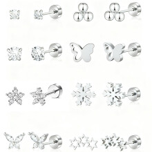 (16 combinations of steel colors) New Stainless Steel Earrings Set, Butterfly Heart Disc Star Stud Earrings Piercing Jewelry for Women