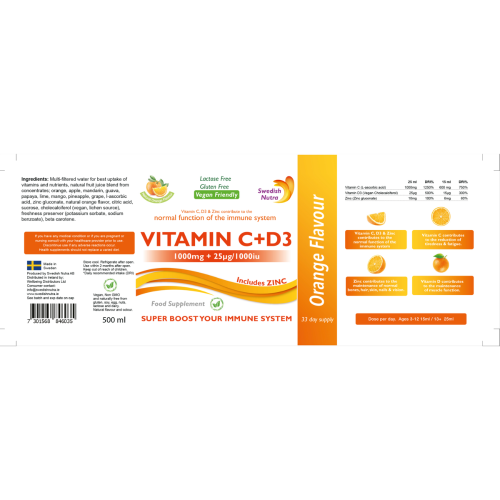 Swedish Nutra Vitamin C D3 Zinc Liquid Orange 500ml 2