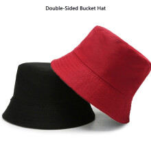 (Black Red) Double Cotton Sided Bucket Hat Sun Protection Breathable Short Cap Beach Brim
