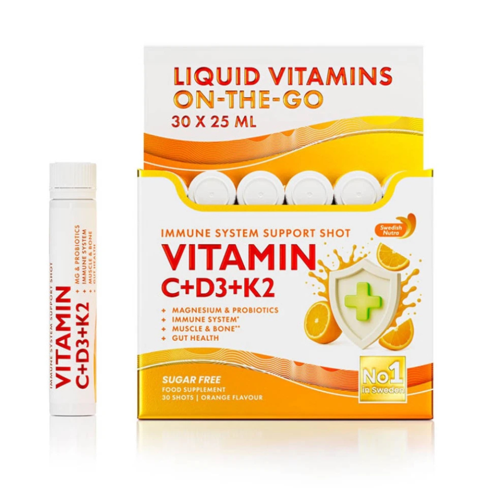 Swedish Nutra Orange Vitamin C D3 K2 Zinc Probiotic Shots 30 X 25Ml