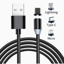 Universell nylon magnetisk ladekabel med rundt hode, tre-i-én ladekabel for hurtiglading og dataoverføring