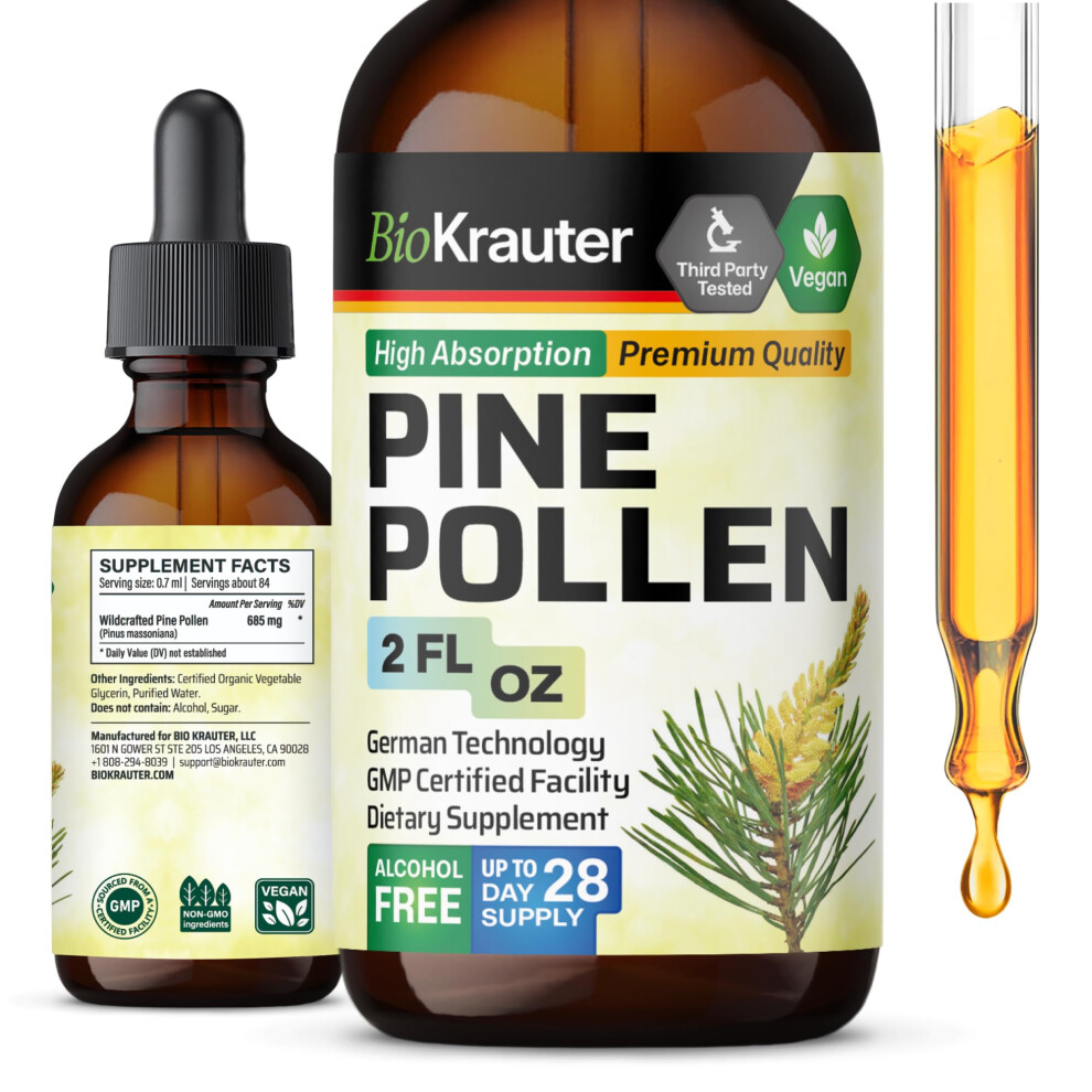 Bio Krauter Pine Pollen Tincture - Pine Pollen Powder Liquid Extract For Immune Support - Alcohol & Sugar Free Natural Herbal Supplement - 2 Fl.oz.