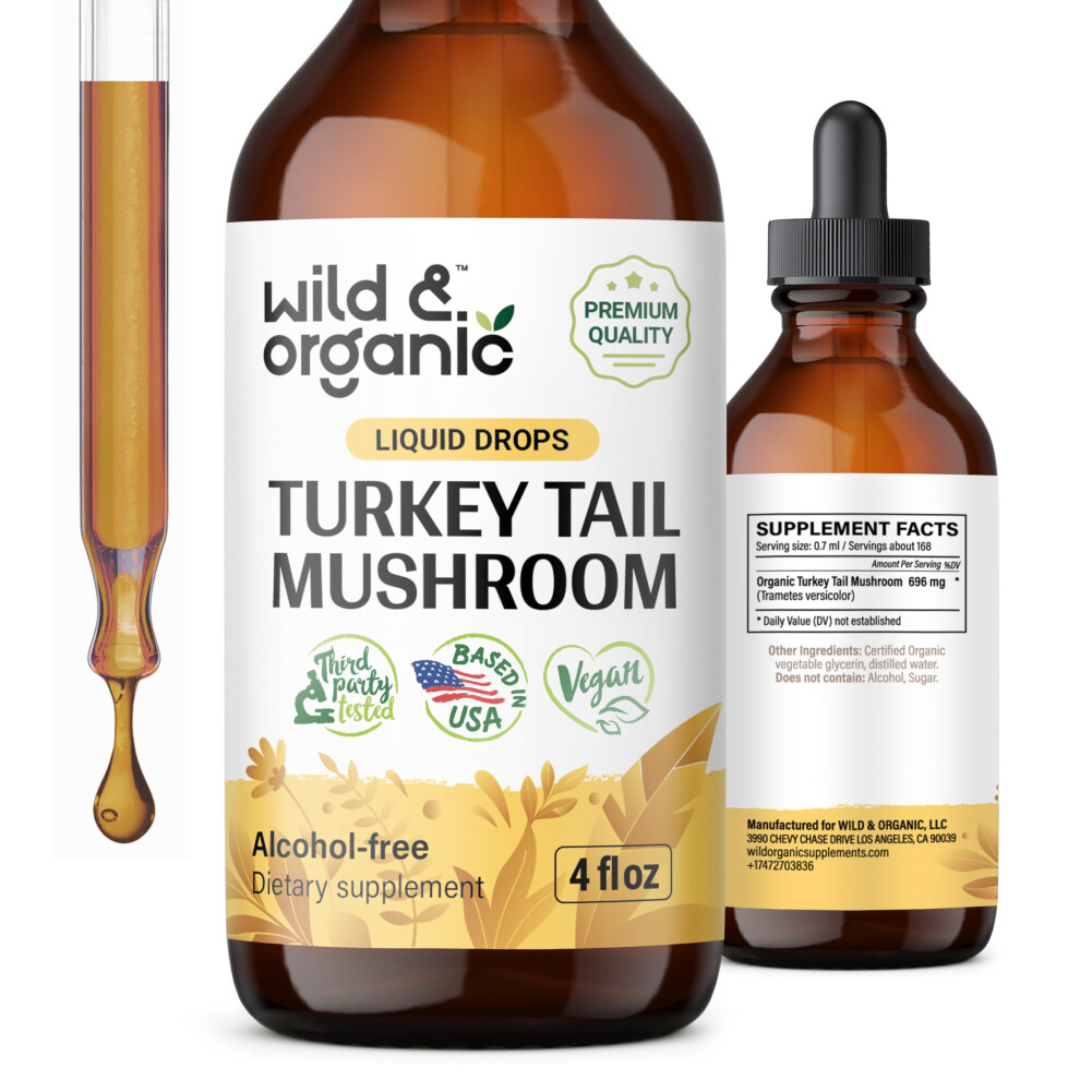 Wild & Organic Turkey Tail Mushroom Tincture - Immune Support Drops With Turkey Tail Extract - Liquid Mushroom Supplement For Gut Support - Vegan, Sug