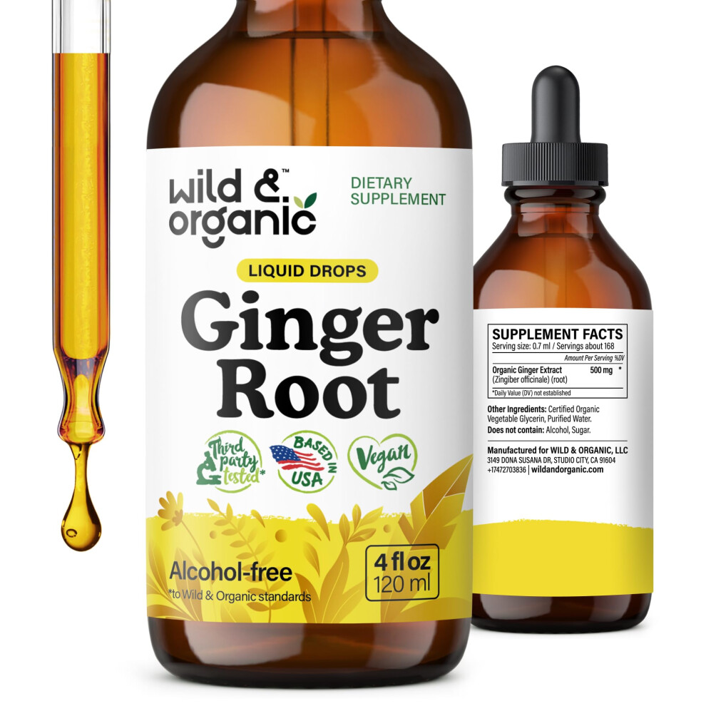 Wild & Organic Ginger Root Extract Drops - Immune & Digestive Support - Liquid Ginger Supplements - Vegan, Sugar & Alcohol-Free Tincture - 4 Fl Oz