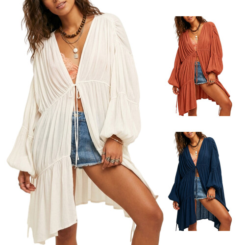Loose Front Tie Beach Kimono Coverup Open Front-White XL 2