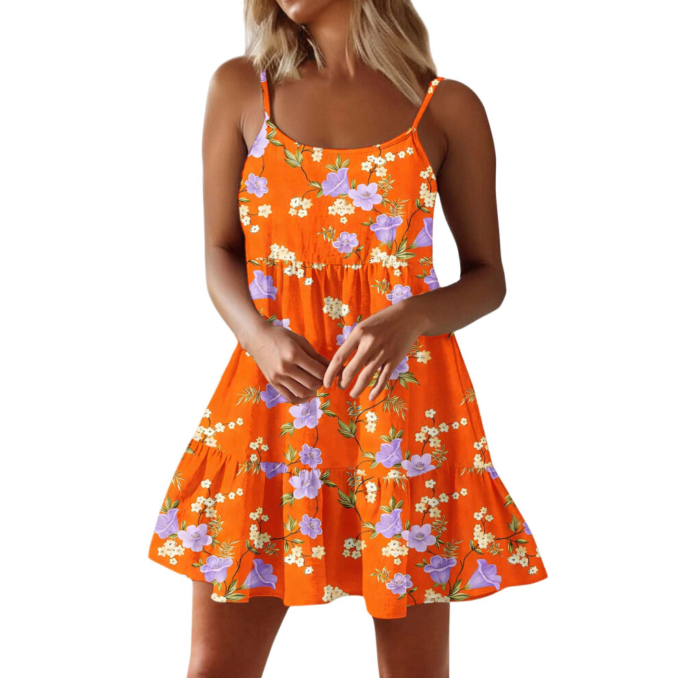 Orange Women Spaghetti Strap Ruffle Tiered Short Flowy- Xxl