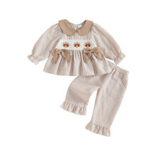 (12-18 Months, Coffee) Toddler Baby Girl Thanksgiving Outfit Plaid Bow Turkey Embroidery Bows Doll Collar Long Sleeve Tops and Pants 2 Pcs Set