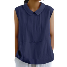 Cotton Linen Shirts for Women Sleeveless-navy blue XXXL