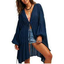Eleganter, langärmliger Strand-Kimono-Überwurf mit-Blau L