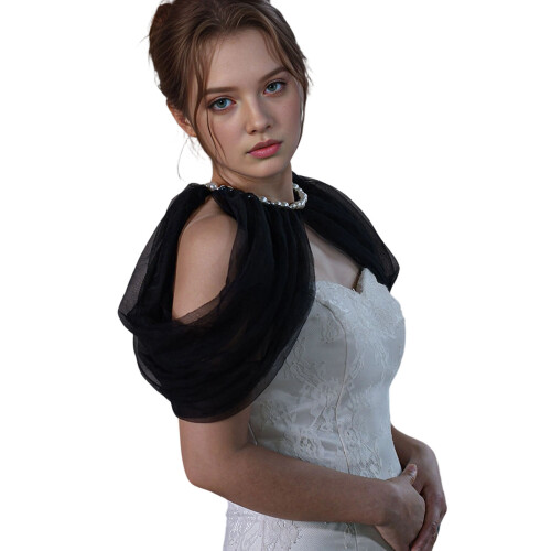Romance Nylon Sheer Cape Sleeveless Shoulder Cover Bride-Black