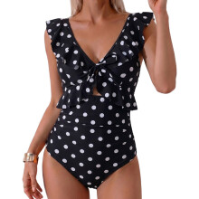 Maillot de bain monobloc en nylon Ă haute-pois noir et blanc XL