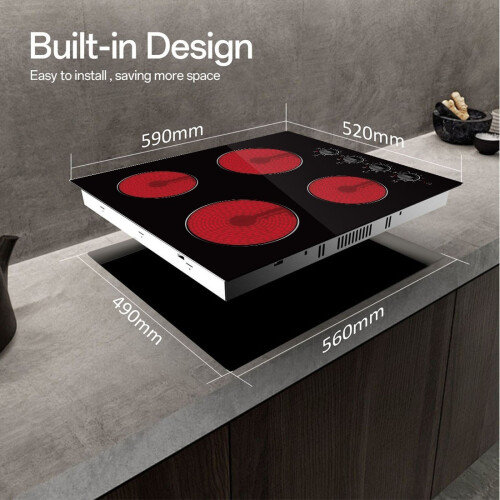 4 Zone Ceramic Hob with Knob, Easy Use, 6000W, 9 cooking power setting, Black 1