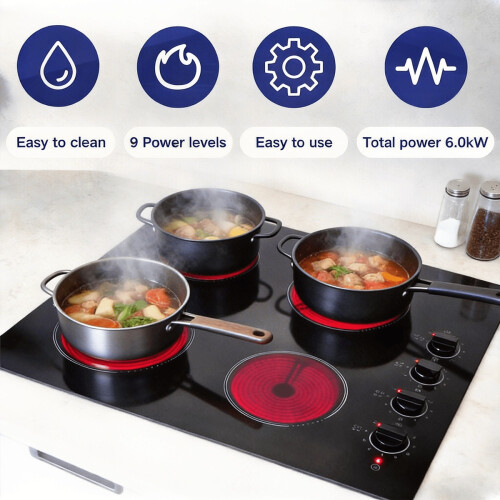 4 Zone Ceramic Hob with Knob, Easy Use, 6000W, 9 cooking power setting, Black 2