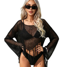 Uitgeholde gebreide strandblouse met lange mouwen,-Zwart