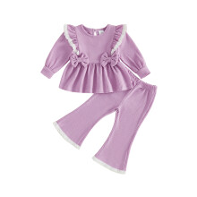 (18-24 Months, Purple) Toddler Girls 2 Piece Outfits Adorable Lace Trim Long Sleeve Crew Neck Tops and Flared Pants Set