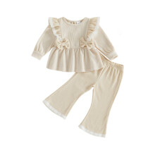 (12-18 Months, Apricot) Toddler Girls 2 Piece Outfits Adorable Lace Trim Long Sleeve Crew Neck Tops and Flared Pants Set