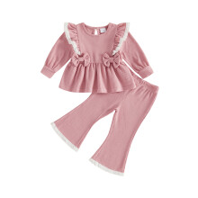 (18-24 Months, Pink) Toddler Girls 2 Piece Outfits Adorable Lace Trim Long Sleeve Crew Neck Tops and Flared Pants Set