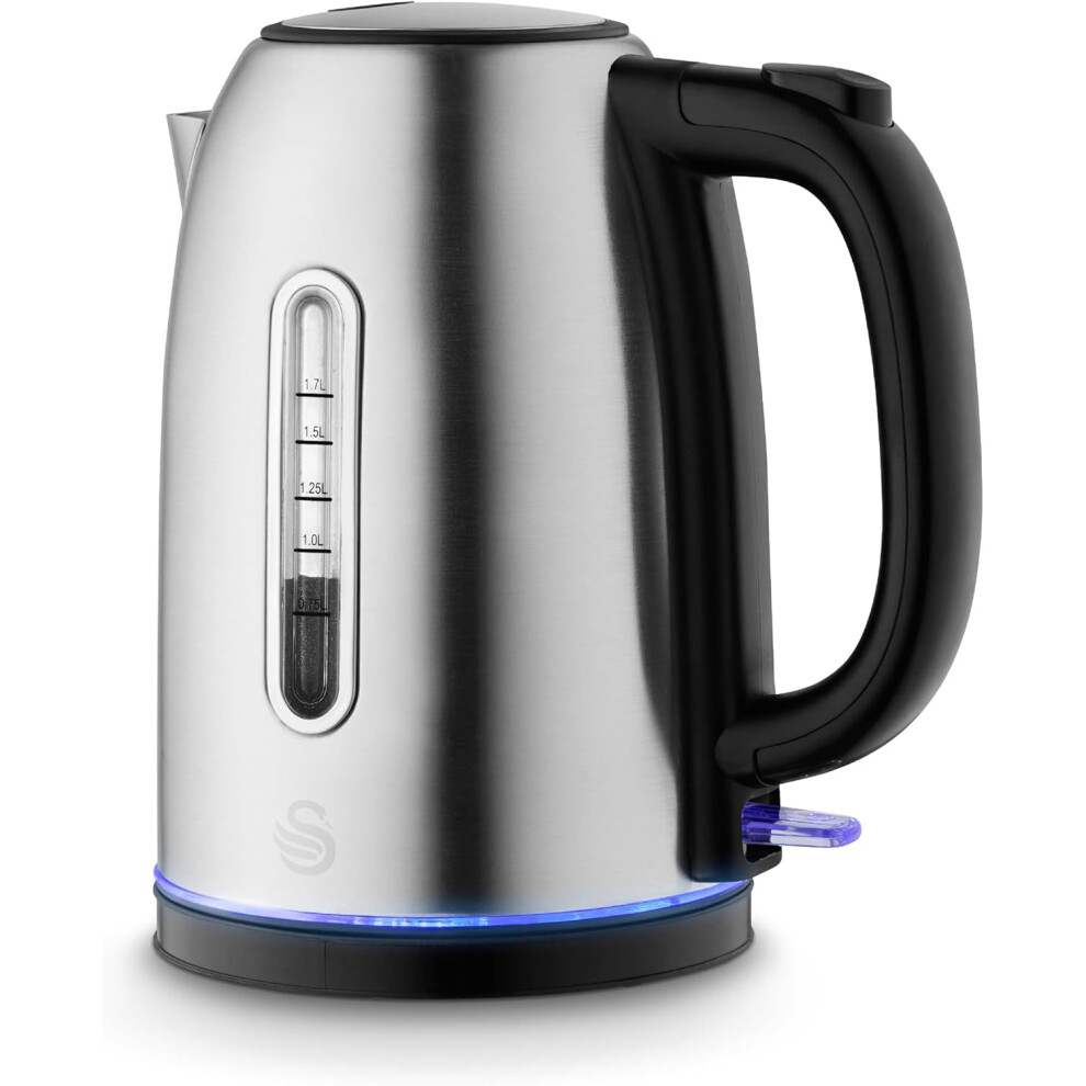 Swan Quiet Boil Cordless Kettle, 3Kw Fast Boil, Removable Limescale Filter, Push Button Lid And 360-Degree Base, Led Base Light, Stainless Steel Silver