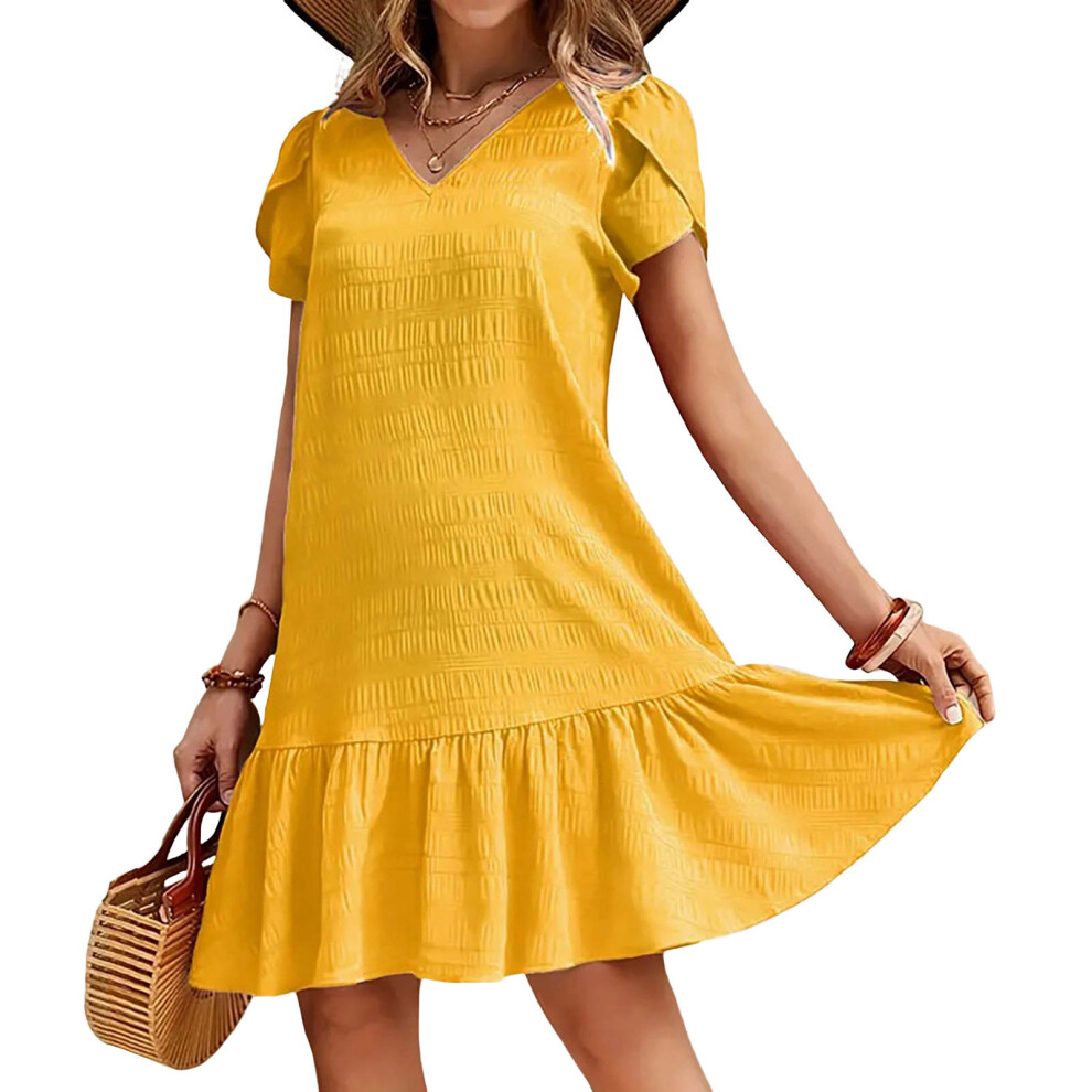 Summer Dress for Women Casual Floral Midi Sundress-Yellow XXL