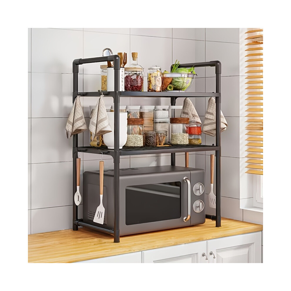 (Black) Storage Rack Organizer Kitchen Multi-Purpose Shelf Microwave Oven Spice Rack Rice Cooker Storage Rack with Hooks Desktop