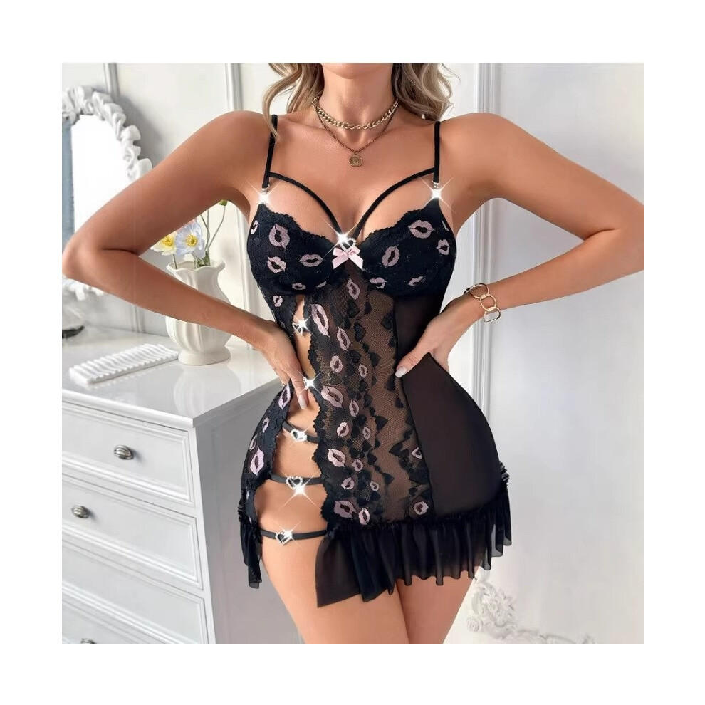 (Black + pink lip, XXL) Popular women's temptation hollow heart button lace mesh passionate sexy see-through pajamas