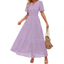 Women V Neck Short Sleeve Hollow Out Eyelet Elastic Waist-LP M