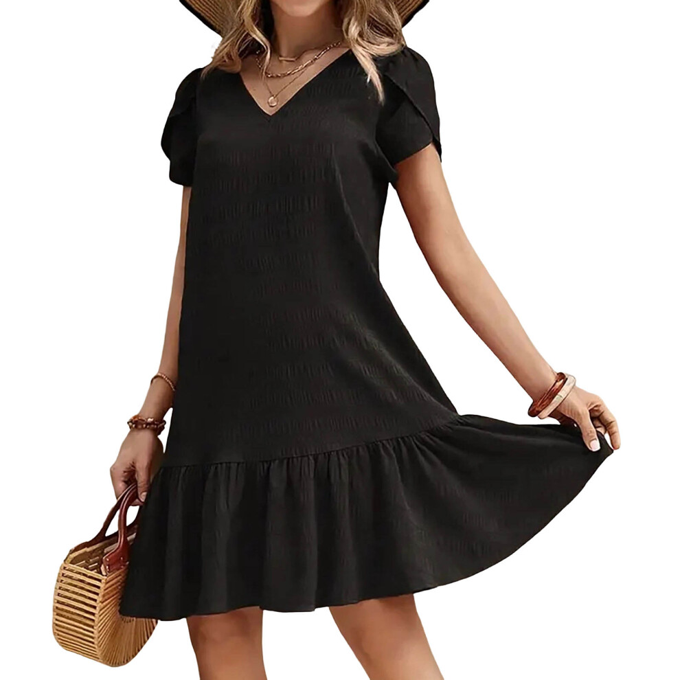 Summer Dress for Women Casual Floral Midi Sundress with-Black S