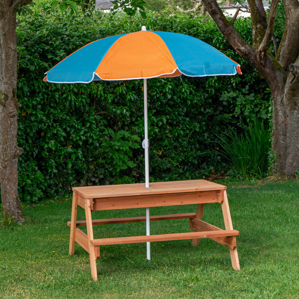 Samuel Alexander Kids Outdoor Wooden Picnic & Activity Table With Removable Plastic Trays & Parasol