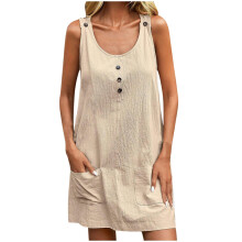 Women's Solid Color Cotton Linen Casual Pocket-apricot L