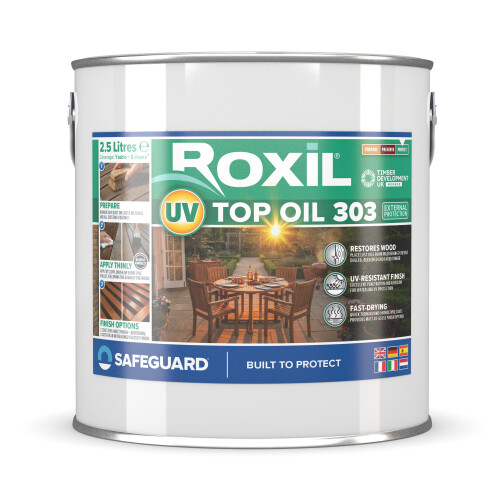 Roxil UV Top Oil 303 (2.5L, Clear Matt-to-Gloss Finish) | UV Resistant Outdoor Wood Oil for Furniture, Decking, Sheds & Planters.