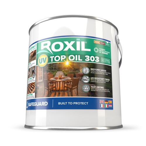 Roxil UV Top Oil 303 (2.5L, Clear Matt-to-Gloss Finish) | UV Resistant Outdoor Wood Oil for Furniture, Decking, Sheds & Planters. 1