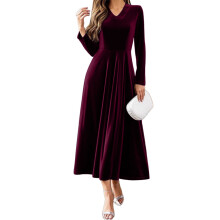 Women's stretch velvet maxi dress with V-neck design-Purple XL
