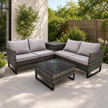 Alivio 4-Piece Rattan Garden Furniture Set, L-Shape Corner Sofa with Storage & Glass Coffee Table (Grey)