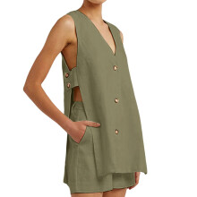 Cotton Sets for Women 2 Piece Side Button Down V-Army Green L