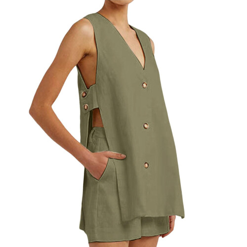 Cotton Sets for Women 2 Piece Side Button Down V-Army Green L