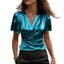Women's Shirt V Neck Petal Short Sleeve Wrap-lake blue L