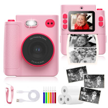 (Pink) Instant Print Camera , Inexpensive Toy, 3-Second Photo Printing, Dual Cameras, Christmas and Birthday Gift for Girls and Boys, 16x Zoom