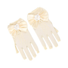 Girls' Elegant Mittens Lace Pearls Fishnet Gloves with-Beige