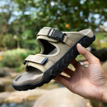 (Khaki, 6.5) New Men's Hollow-Toe Hook-and-Loop Fastener Sandals for All Seasons, Lightweight and Simple Outdoor Walking Beach Hiking Travel Shoes