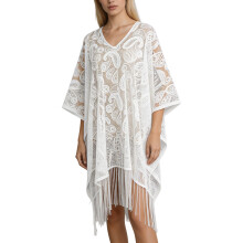 Elegant Lace Shawl Cloak With Fringe Trim Lightweight And-White