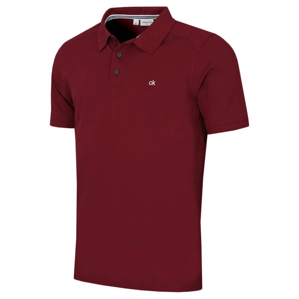 Calvin Klein (M, Burgundy) Mens 2026 Campus 3 Button Ribbed Collar Golf Polo Shirt Red
