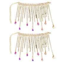 2 Sparkly Crystal Tassels Fringes Metal Chain Wine-Golden Color