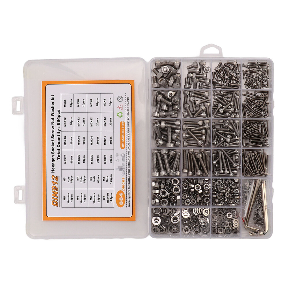 884Pcs 304 SS Screw Nut Washer Assortment Kit